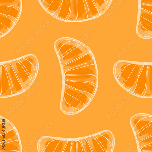 Seamless pattern with iIllustration a slice tangerine on orange background