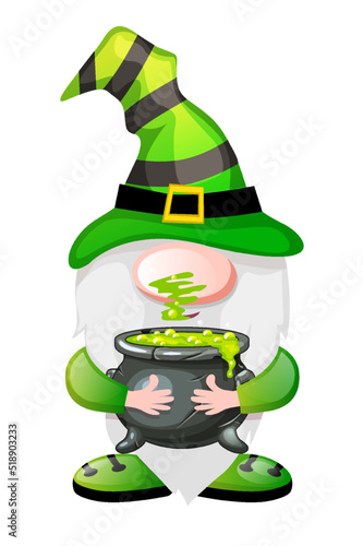 Cartoon green gnome with magic potion for Halloween Day.