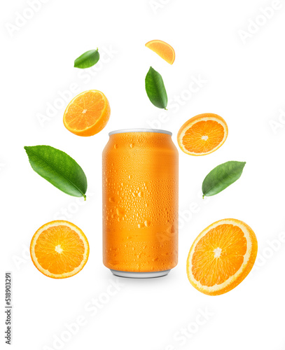Aluminum orange soda can and falling juicy oranges with green leaves isolated on background. Flying defocusing slices of oranges. Applicable for fruit juice advertising