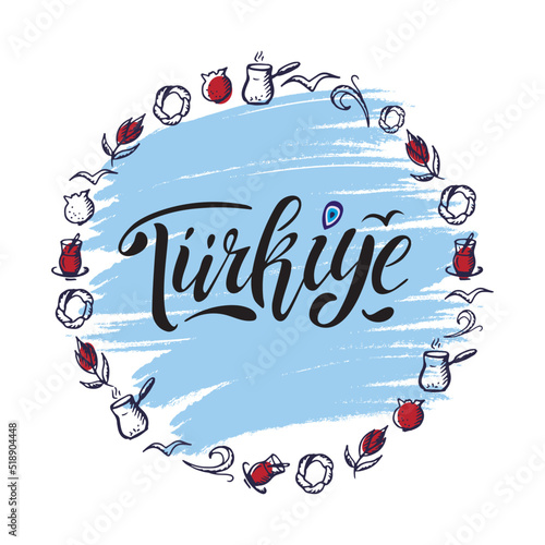 Turkiye. Hand lettering. Vector logo of Turkey in black color with seagulls nazar symbol, simit turkish tea coffee garnet souvenir products, banner emblem, travel blog social media, brochure, flyer.