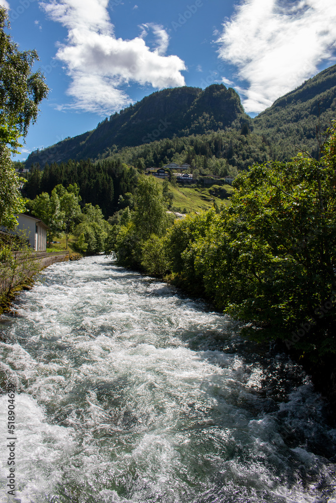 Obraz premium Geiranger water fall Storseterfossen (also Storsæterfossen) Møre og Romsdal at Geirangerfjorden in Norway (Norwegen, Norge or Noreg)