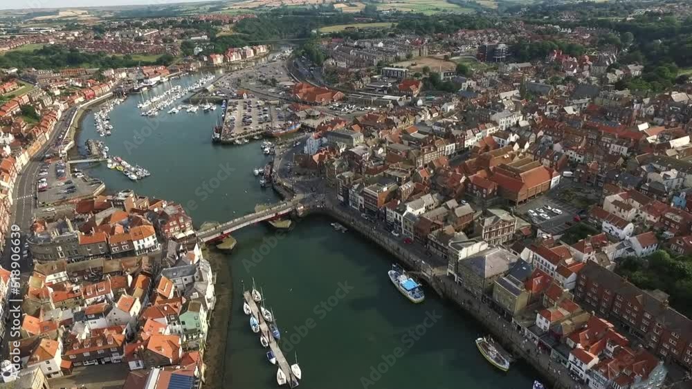 aerial view of Whitby, North Yorkshire seaside town resort and fishing port aerial view of Whitby, North Yorkshire seaside town resort and fishing port