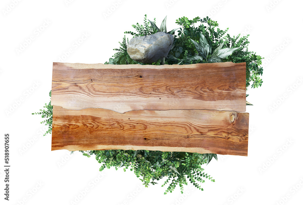 Signs with plants and decorative wooden planks on a white background. Signs with plants and decorative wooden planks on a white background.