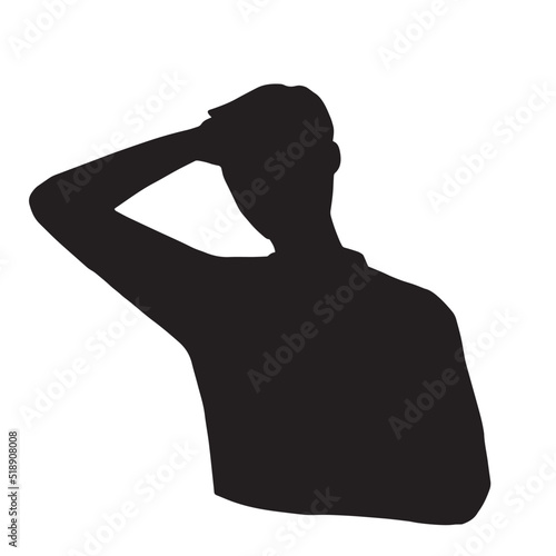 うっかりして頭を掻く男性のシルエットイラスト　黒