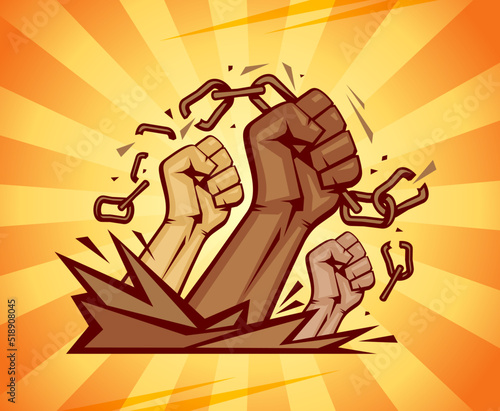 Multiracial hands broken the chain, sunny rays background, free people concept