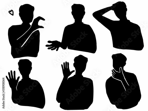 会話中のジェスチャー男性のシルエットイラスト　セットグレー