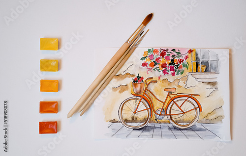 A set of drawing tools with brushes, watercolor paint highlighted on a white background. Watercolor drawing. Brushes for drawing