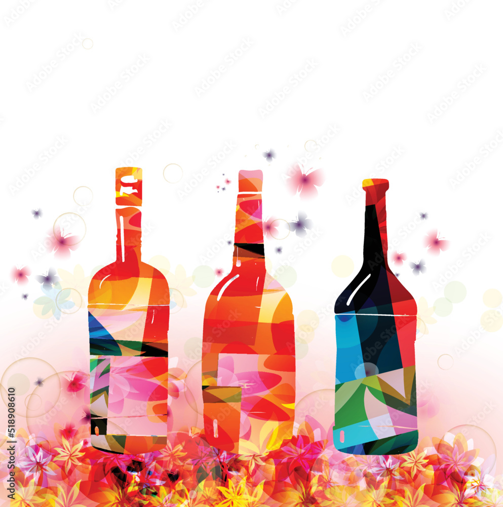  Colorful glass bottles with flowers vector illustration. Party flyer, wine tasting event, wine festival, celebrations, restaurant poster. Wine drink design for invitation card, menu, promotion	 - obrazy, fototapety, plakaty 