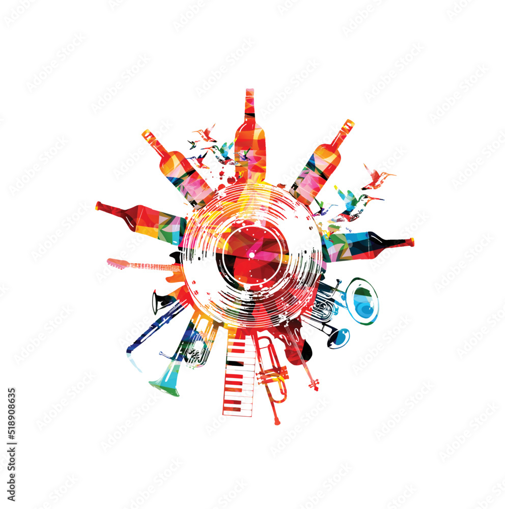  Music promotional poster with musical instruments and bottles isolated vector illustration. Colorful design with vinyl record disc for concert events, music festivals and shows, party flyer	