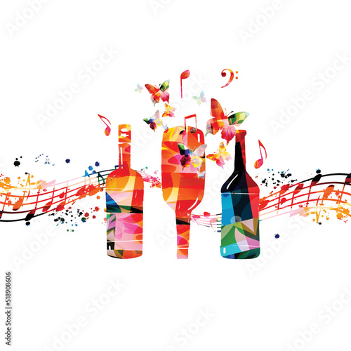  Colorful glass bottles with musical notes vector illustration. Party flyer, wine tasting event, wine festival, celebrations, restaurant poster. Wine drink design for invitation card, menu, promotion	