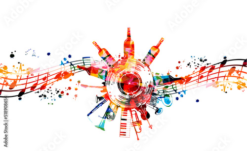  Colorful musical promotional poster with musical instruments, notes and bottles isolated vector illustration. Design with vinyl disc for concert events, music festivals and shows, party flyer	