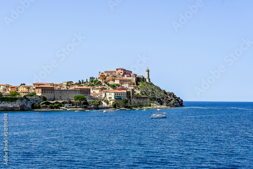 Portoferraio, Festung, Forte Stella, Falcone, Leuchtturm, Altstadt, Hafen, Insel, Elba, Fischerboote, Boote, Fähre, Fährhafen, Badestrand, Toskana, Toskanischer Archipel, Sommer, Italien