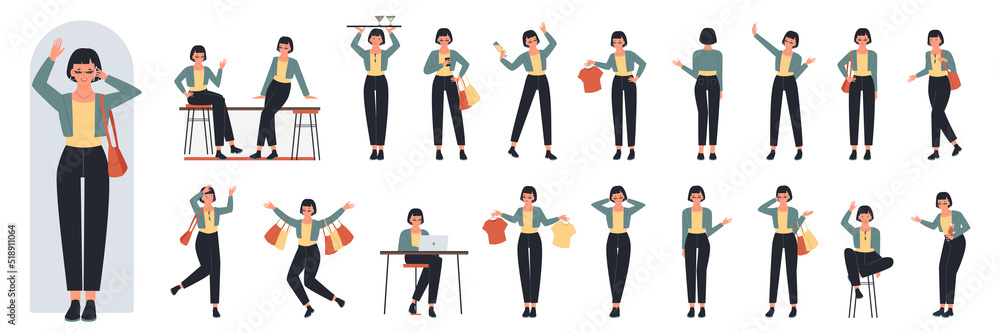 Lifestyle and poses of young girl set vector illustration. Cartoon brunette with short haircut sitting on bar chair, holding cocktails and clothes hanger, shopaholic lady on shopping isolated on white
