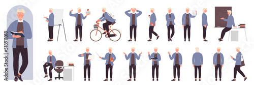 Old male teacher poses set vector illustration. Cartoon man with beard standing, thinking and teaching, professor with stick explaining on lecture in front, side and back view isolated on white