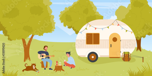 Summer camping, picnic in forest near camper van vector illustration. Cartoon campsite place with couple, man playing guitar, girl drinking coffee background. Wanderlust, vanlife, vacation concept