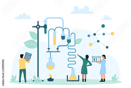 Laboratory chemistry experiment of tiny scientists vector illustration. Cartoon team of chemists using scientific equipment to research and study chemical processes, characters analyzing and learning