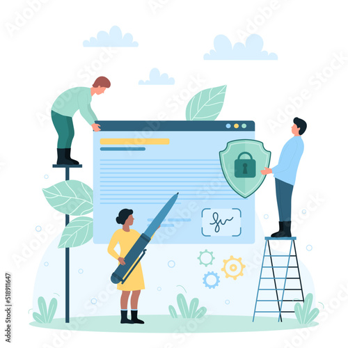Digital signature for online signing documents vector illustration. Cartoon tiny people sign agreement with electronic certificate, man and woman holding pen and shield to approve and protect results
