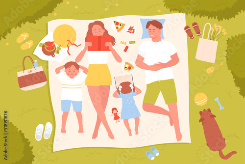 Family weekend picnic, top view vector illustration. Cartoon parents and kids lying on summer grass lawn, cute woman and baby girl read book outdoor, people eat pizza and watermelon background