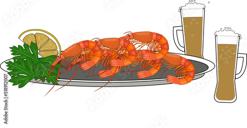 Two glasses of beer, delicious shrimp, a slice of lemon and a sprig of fragrant parsley.