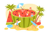 Summer fun pool party of funny tiny people in huge watermelon vector illustration. Cartoon characters play ball and drink cocktail, sunbathing, swimming and surfing inside juicy watermelon summertime