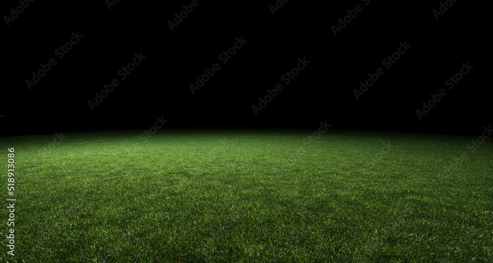 Abstract soccer sport stadium green grass with black top copy space background. Night match with bright 3d render spot light.