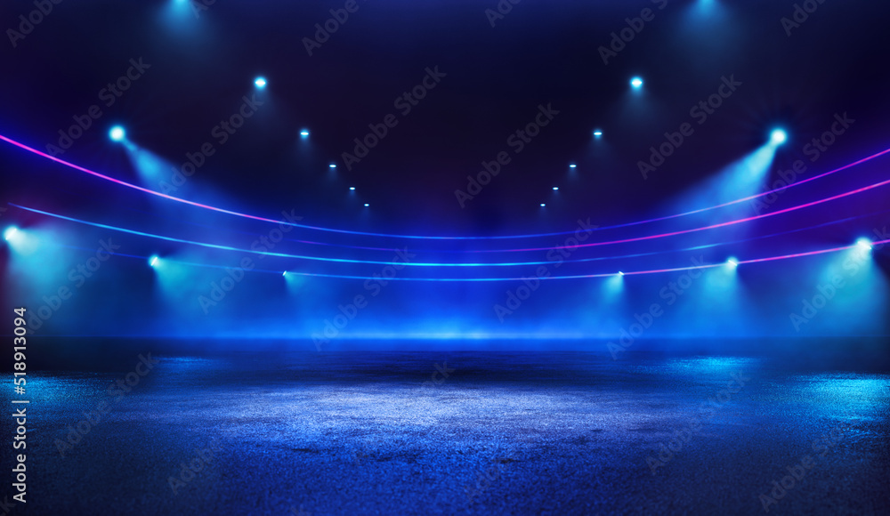 Grand blue neon digital stadium illuminated at night with spotlight empty space background on lawn. Copy space neon sports template