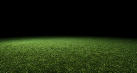Abstract soccer sport stadium green grass with black top copy space background. Night match with bright 3d render spot light.