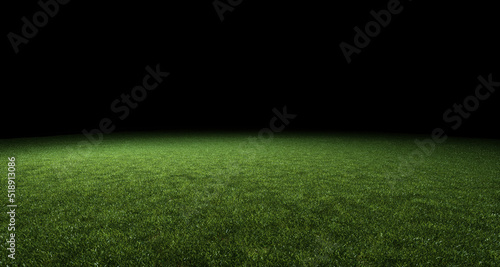 Abstract soccer sport stadium green grass with black top copy space background. Night match with bright 3d render spot light.