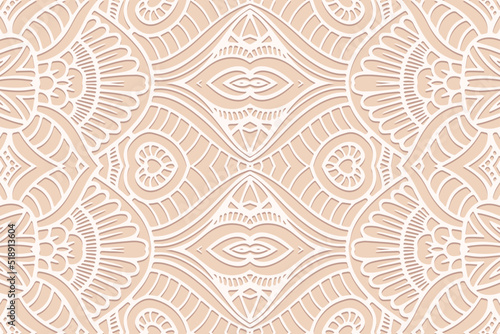 Embossed light background, ethnic cover design. Geometric elegant openwork 3D pattern, arabesque, handmade style. Tribal topical ornaments of the East, Asia, India, Mexico, Aztecs, Peru.