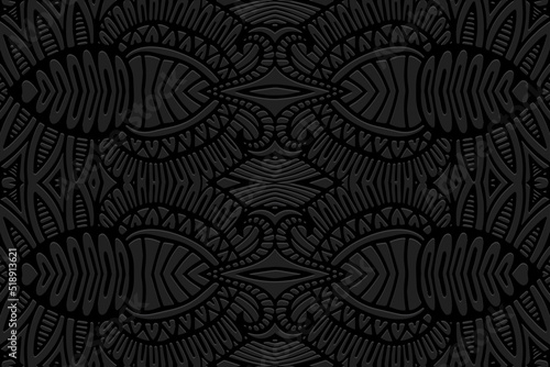 Embossed black background, ethnic cover design. Geometric exotic 3D pattern, arabesque, hand drawn style. Tribal topical ornaments of the East, Asia, India, Mexico, Aztecs, Peru.