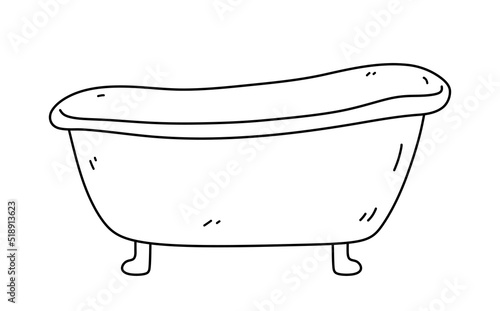 Bathtub isolated on white background. Vector hand-drawn illustration in doodle style. Perfect for cards, decorations, logo, various designs. Bathroom furniture.