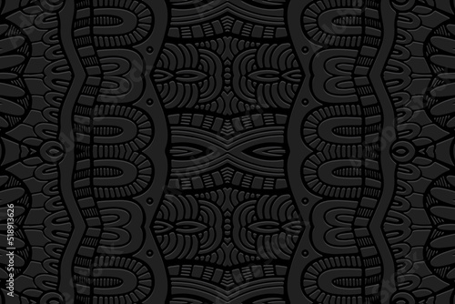 Embossed black background, ethnic cover design. Geometric creative 3D pattern, arabesque, hand drawn style. Tribal topical ornaments of the East, Asia, India, Mexico, Aztecs, Peru.