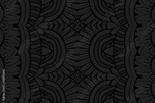 Embossed black background, ethnic cover design. Geometric vintage 3D pattern, arabesque, hand drawn style. Tribal topical ornaments of the East, Asia, India, Mexico, Aztecs, Peru.