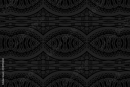 Embossed black background, ethnic cover design. Geometric artistic vintage 3D pattern, arabesque, hand drawn style. Tribal topical ornaments of the East, Asia, India, Mexico, Aztecs, Peru.