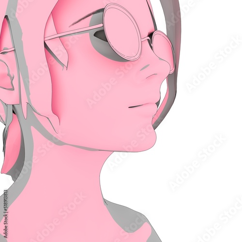 Young woman face half turn view. Elegant silhouette of a female head. Beauty person wearing sunglasses. Sketch style outline. 3D render