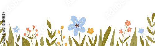 Seamless horizontal border with cute flowers and leaves. Botanical background. Perfect for decorations, greeting cards, banner designs. Vector illustration in hand-drawn flat style.