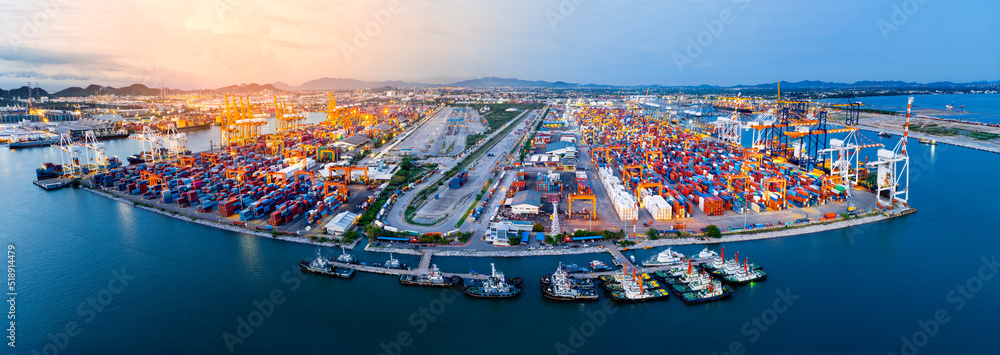 Shipyard Cargo Container Sea Port Freight forwarding service logistics and transportation. International Shipping Depot Custom Port for import export trade Transport Business manufacturing Insurance - obrazy, fototapety, plakaty 