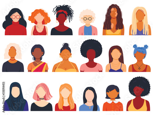 Female diverse faces, different ethnicity and hairstyle. Woman empowerment movement. Indian, african girls, muslim in hijab