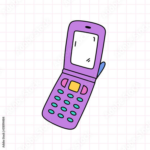 Retro flip phone in bright colors. Vector hand-drawn doodle illustration isolated on white background. Perfect for cards, decorations, logo, various designs. Nostalgia, 90s style