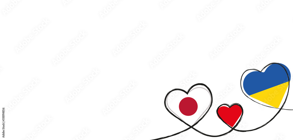 Drei Herzen in den Farben der Ukraine und Japans Drei Herzen in den Farben der Ukraine und Japans