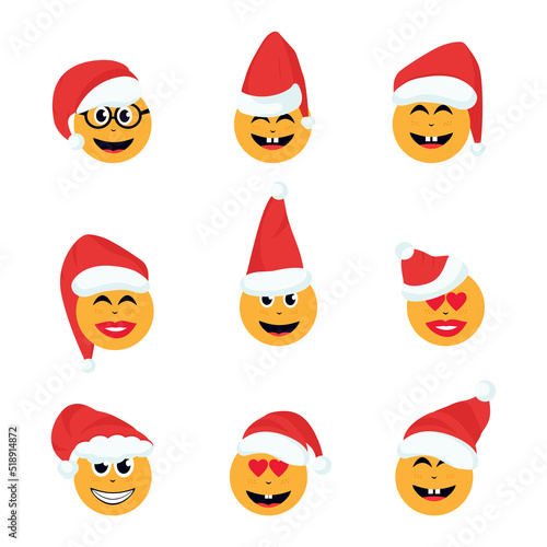 A cheerful yellow face in a red Santa Claus hat. Vector set