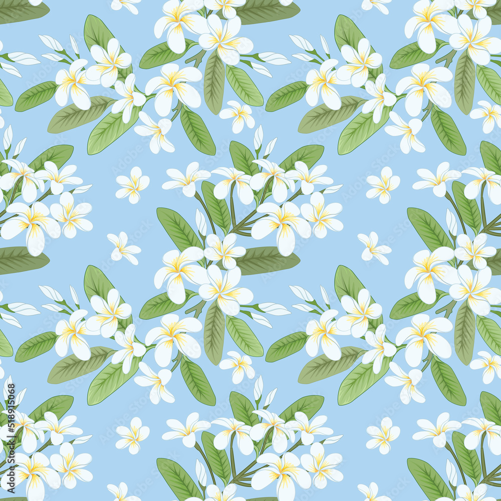 White yellow  Plumeria flowers with green leaf on blue color background seamless pattern.
