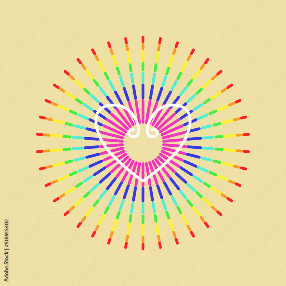 Obraz premium Modern linear illustration. The concept of accepting people with a different sexual orientation. Image of a heart on a background of rays in rainbow color. 