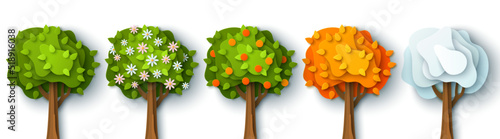 Four seasons tree isolated on white background, spring with flowers, green summer, yellow autumn, snow winter. Vector illustration. Paper cut cartoon style, nature and environment eco concept