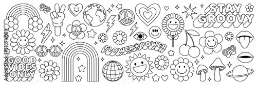 Groovy hippie 70s set. Funny cartoon flower, rainbow, peace, Love, heart, daisy, mushroom etc. Sticker pack in trendy retro psychedelic cartoon style. Isolated vector illustration. Flower power.
