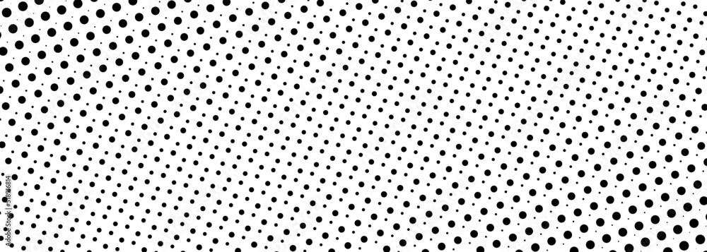 Halftone pattern. Black dot texture overlay on white wide background. Halftone dots on white banner. Vector illustration