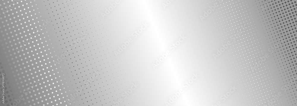 Fototapeta premium Abstract soft gray halftone texture on grey horizontal banner. Gray gradient halftone dots on silver wide background. Vector illustration