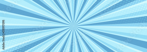 Blue comic banner with halftone. Pop art style effect, vintage cartoon comic wide background with lightning blast halftone dots. Vector illustration.