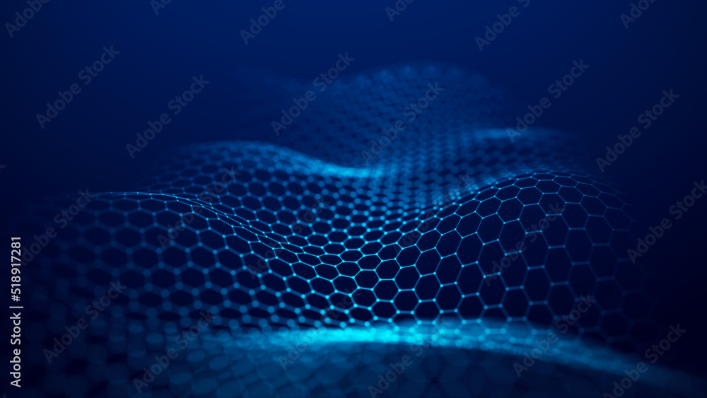 Obraz premium Futuristic blue wave of hexagonal grid on a blue background. The concept of big data. Network connection. Cybernetics and artificial intelligence. 3d rendering.