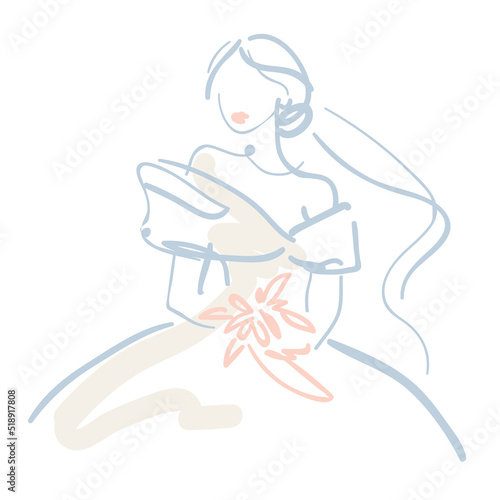 Bride. Vector minimal abstract illustration of a lady in a vale, wedding dress, with a bouquet. Pastel colors. Young beautiful woman, girl portrait. Continuous line art, hand drawn. Logo idea. Wedding